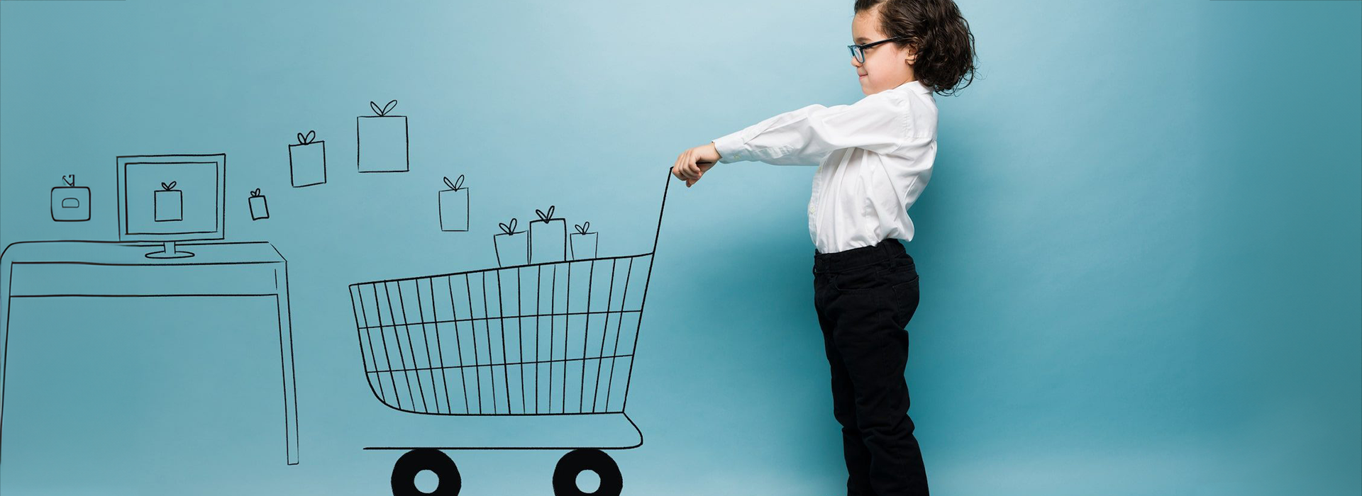 Boy shopping with cart on 2d computer