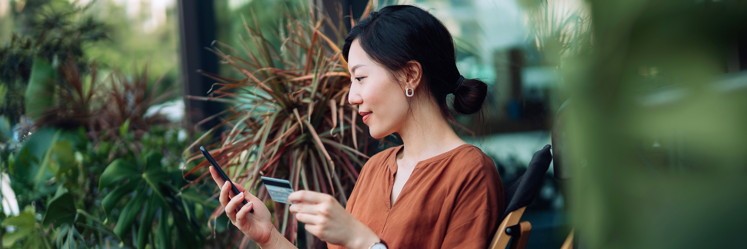 Woman drinking coffee mobile purchasing banner